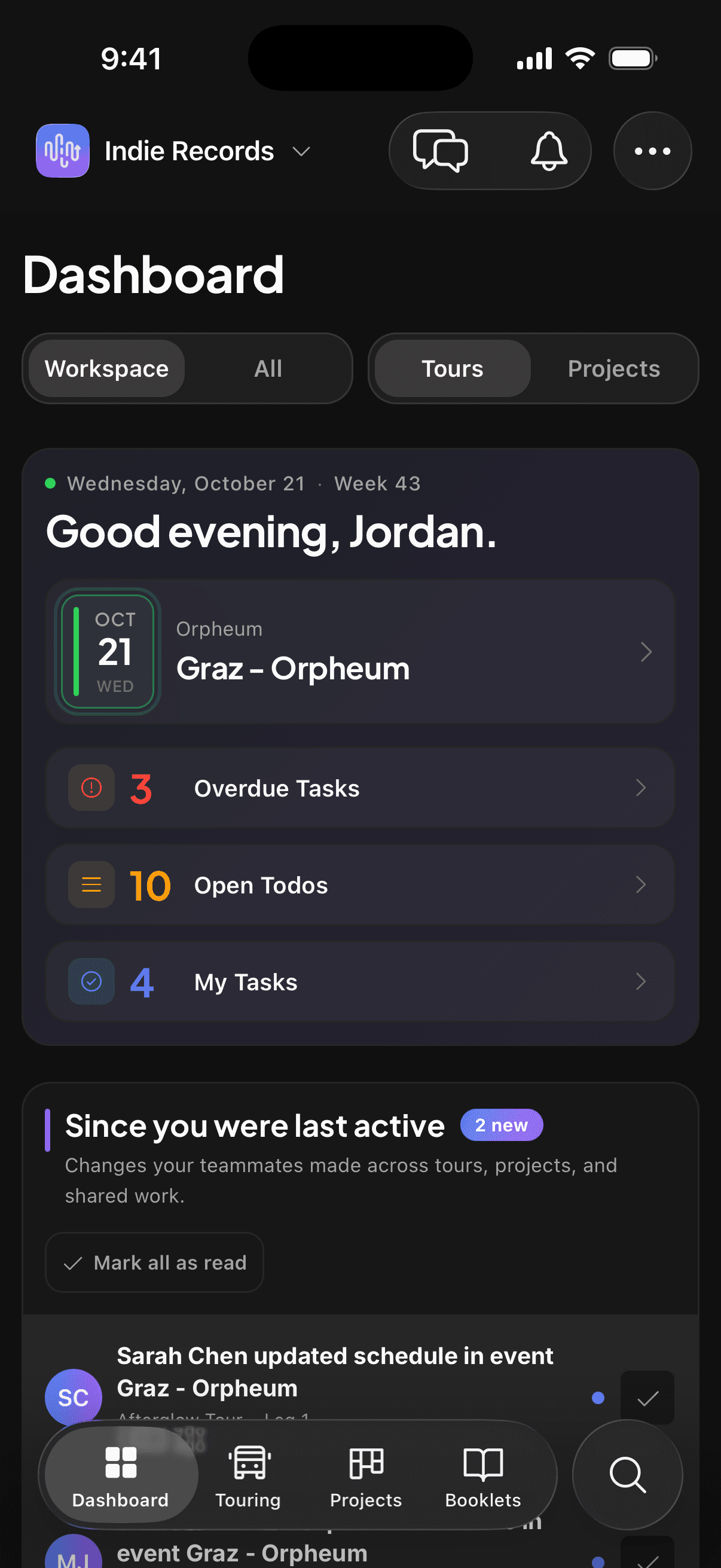 tour-flow iOS app dashboard with upcoming shows