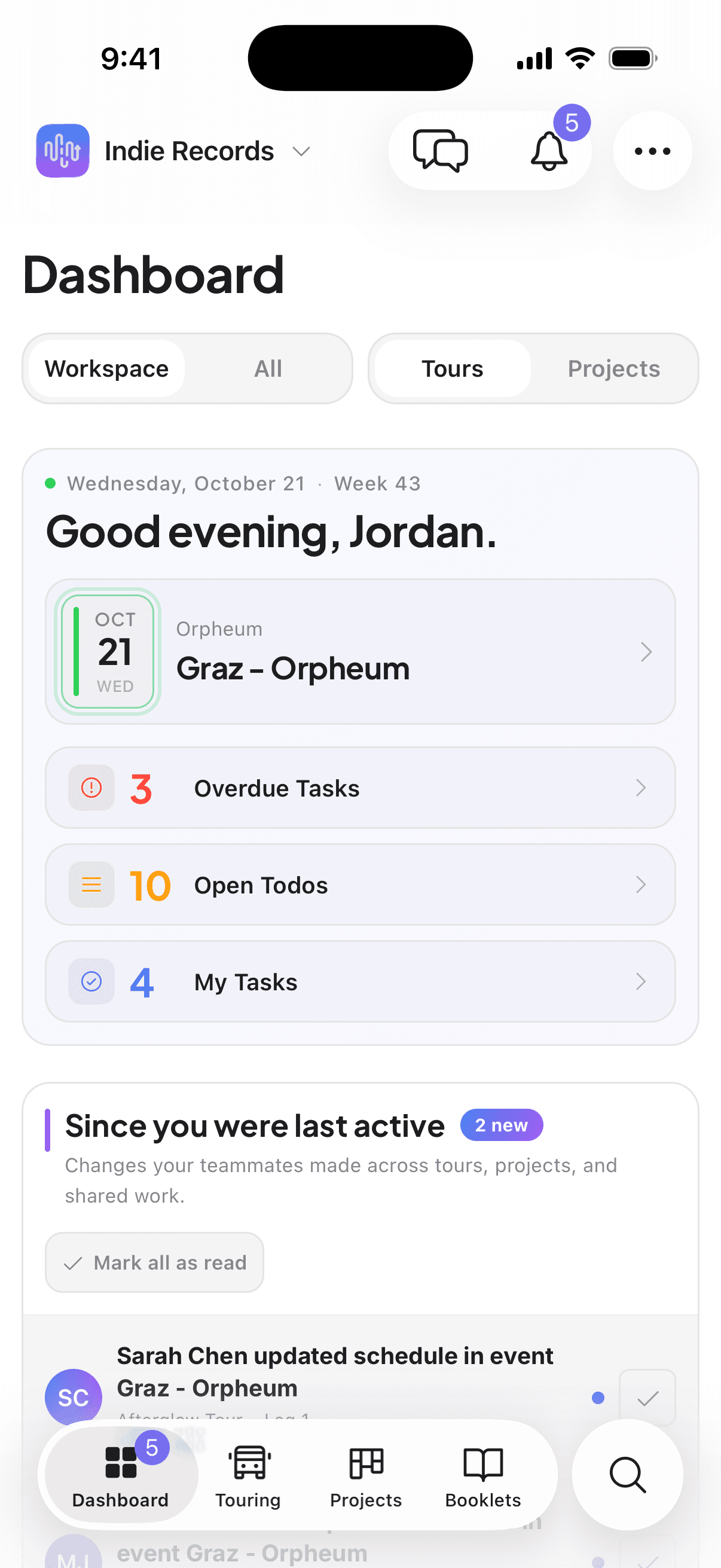 tour-flow iOS app dashboard with upcoming shows