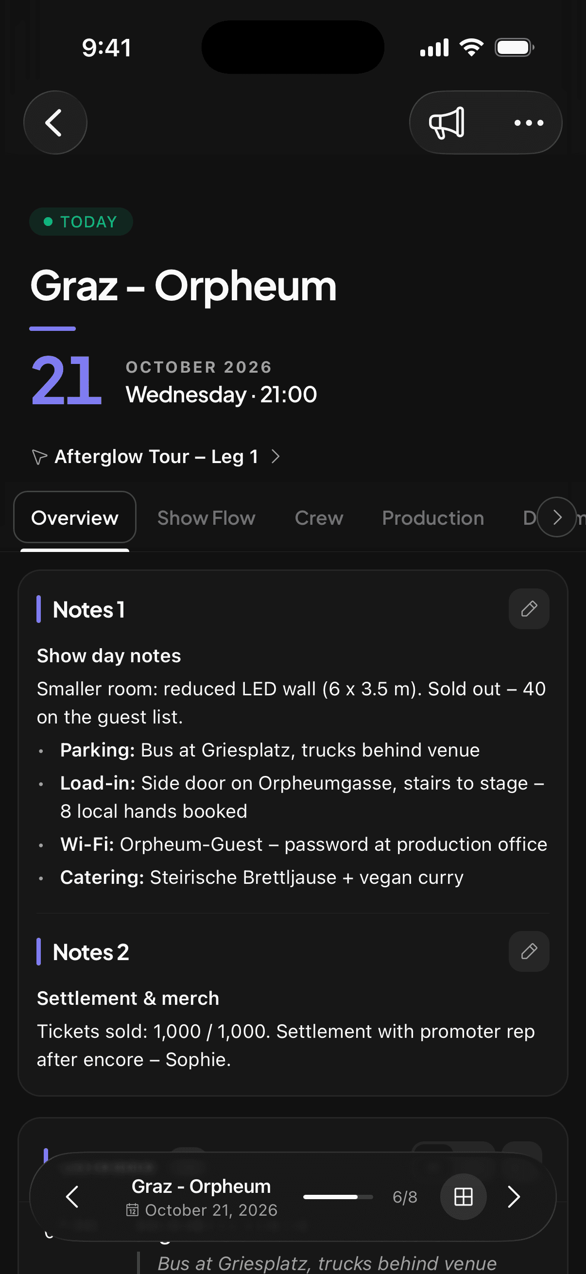tour-flow iOS app showing an event day schedule