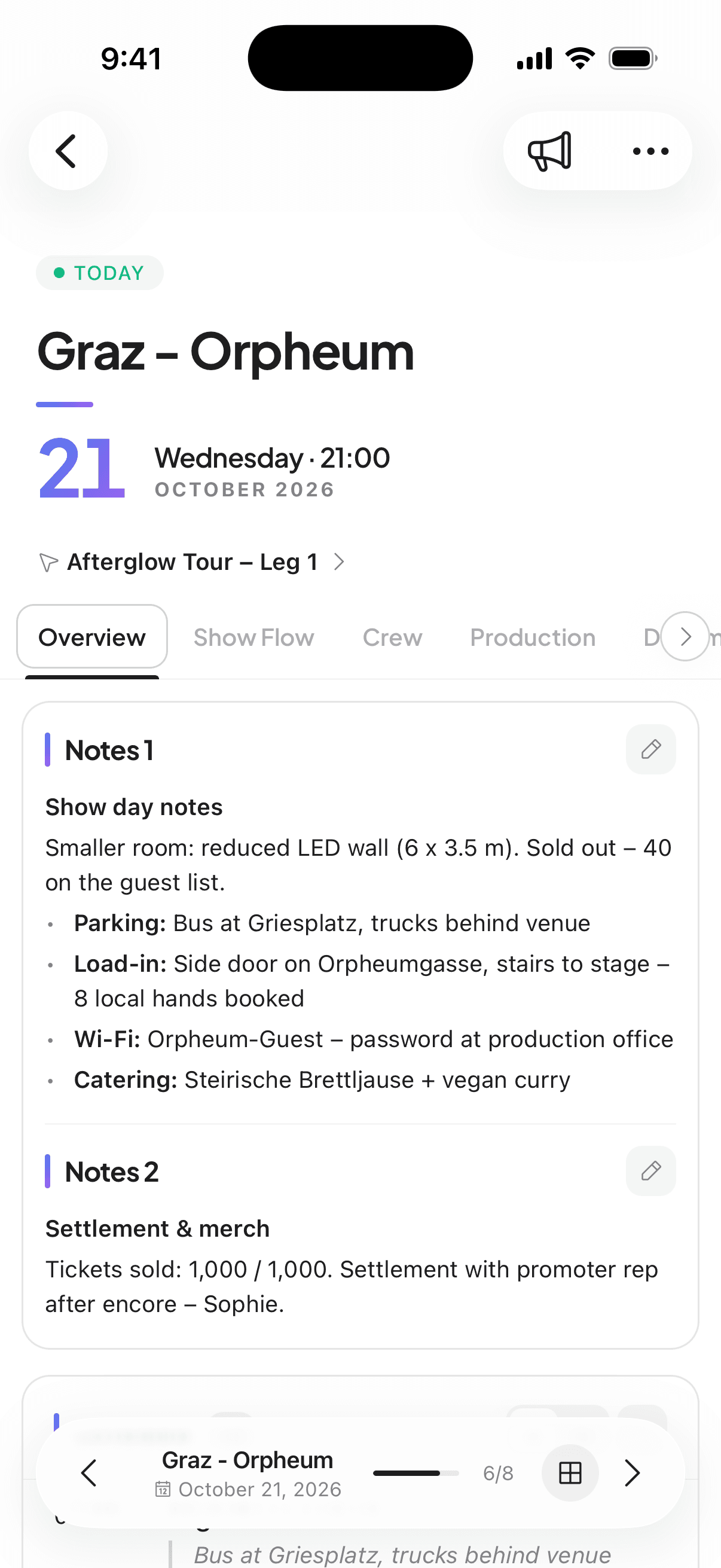 tour-flow iOS app showing an event day schedule