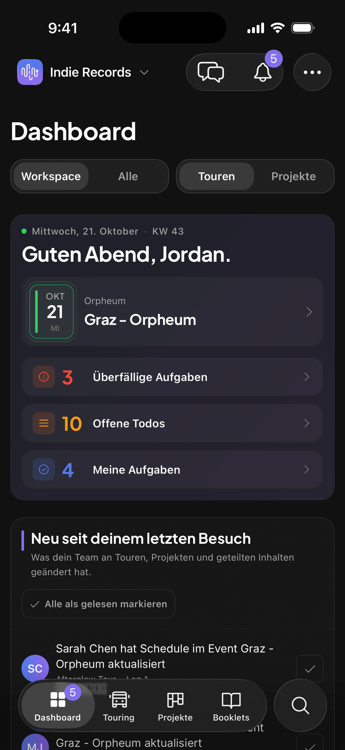tour-flow iOS-App-Dashboard mit anstehenden Shows