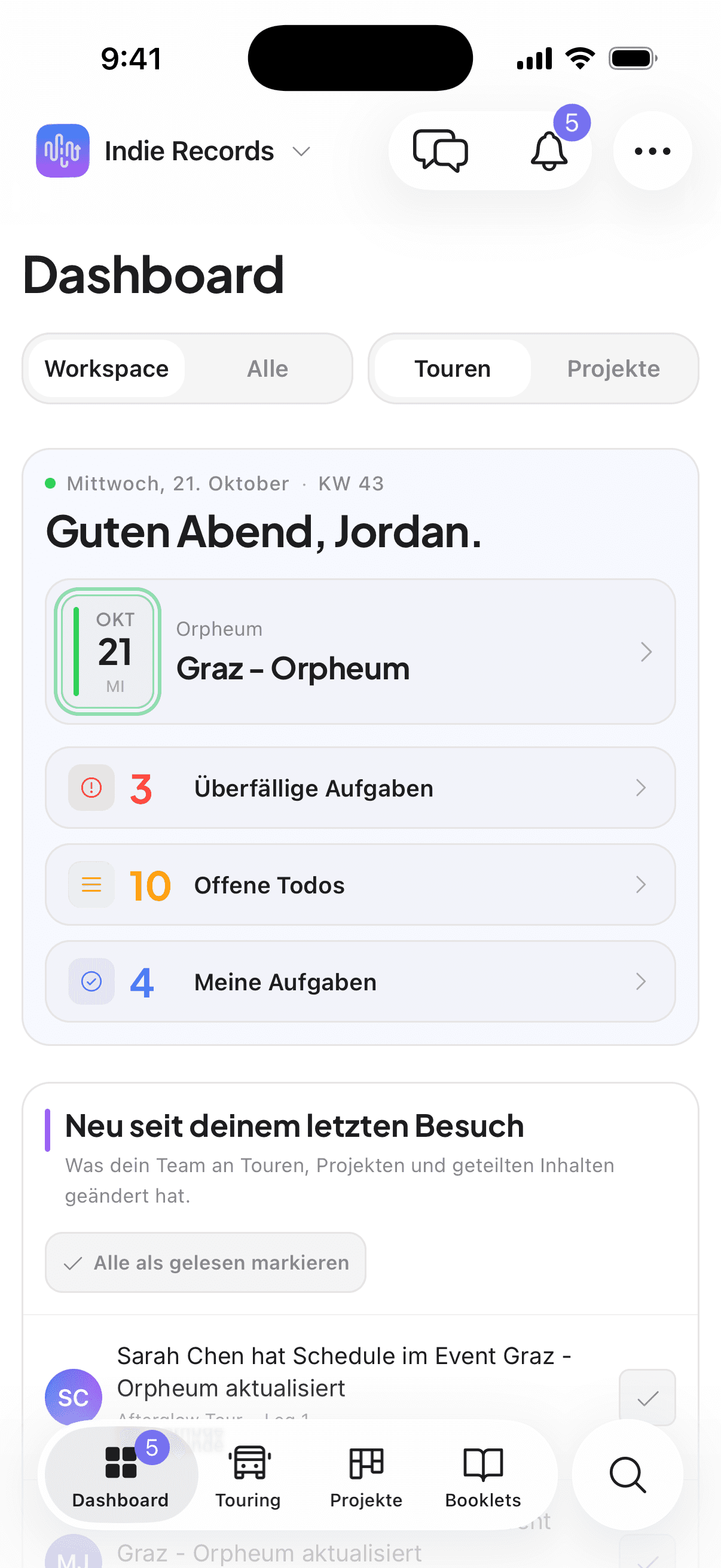 tour-flow iOS-App-Dashboard mit anstehenden Shows